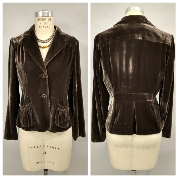 Brown Velvet Blazer Soft Silk Blend Jacket Tailored Feminine Style Gathered - Picture 1 of 13